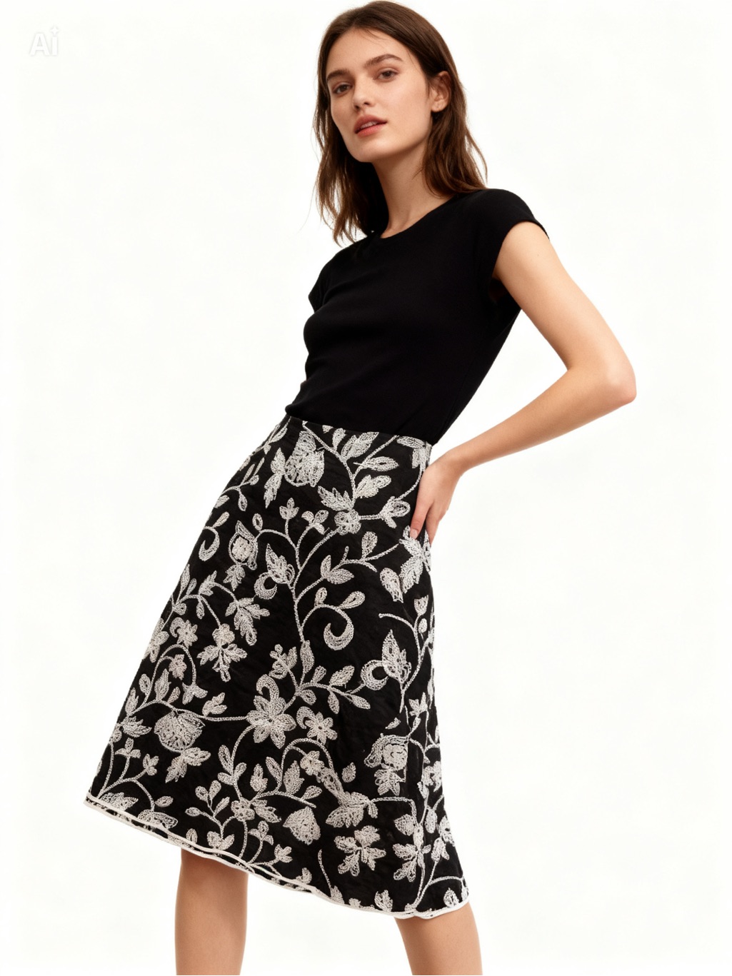 Women's Black Floral A-Line Midi Skirt